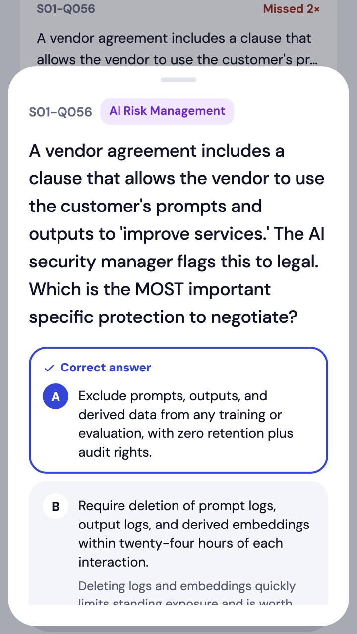 A reviewed question showing the correct answer and an explanation under a wrong option.