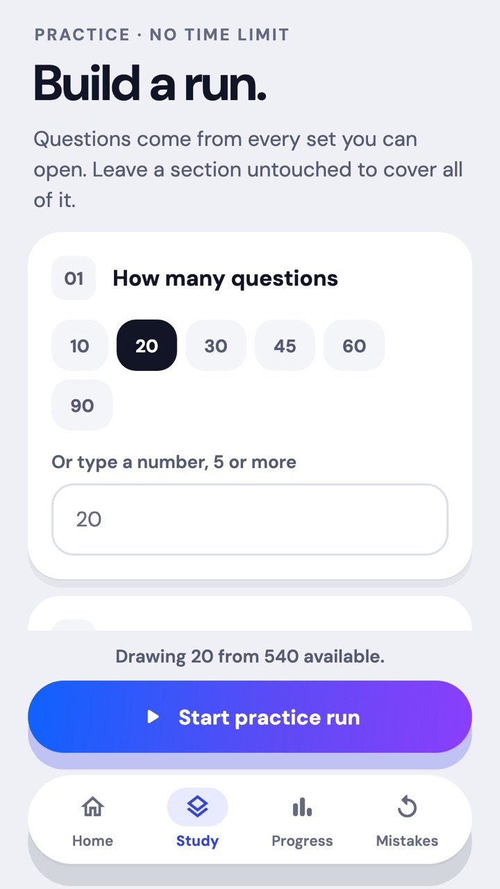 Practice setup: choose how many questions, drawing 20 from 540 available.