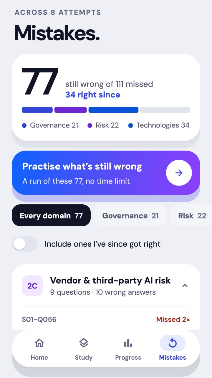 Mistakes screen: 77 still wrong of 111 missed across 8 attempts, split by domain, with a button to practise them.